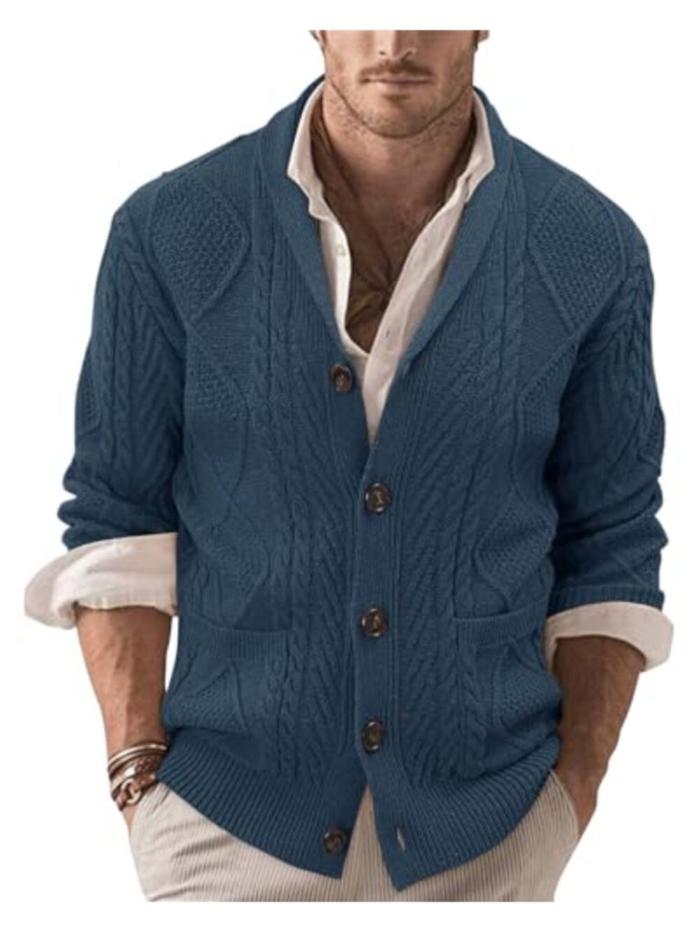 Men's Shawl Collar Button Down Cable Knit Cardigan Sweater